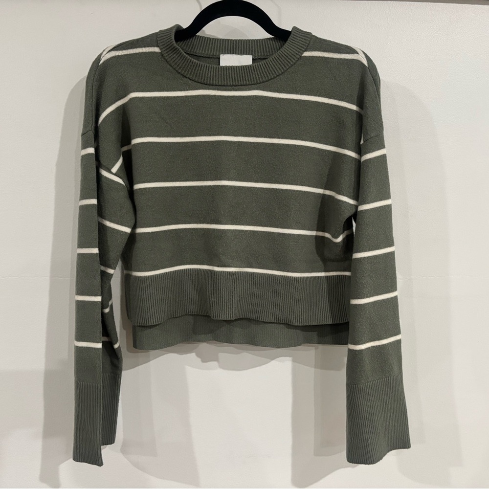 Preppy Striped Pink Rose Crop Knit Sweater Womens Small Olive Green - Picture 1 of 5